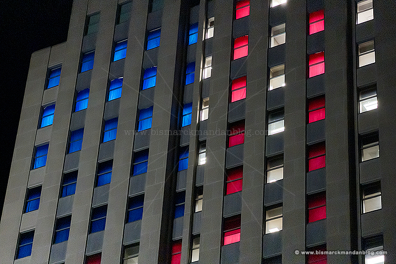 Closeup of capitol windows in red, white, and blue