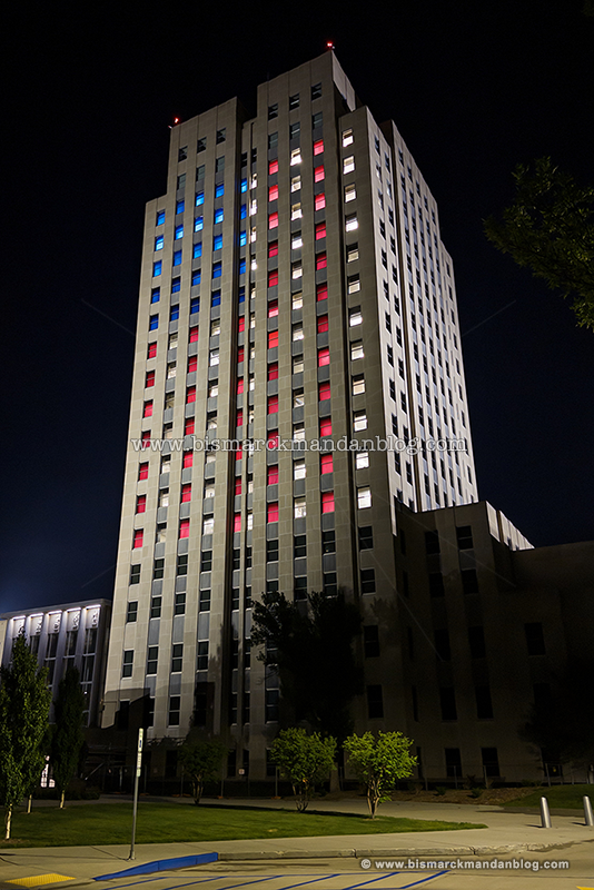 Capitol tower with red, white, and blue windows for Independence Day